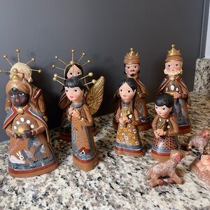 Vintage Mexican Tonala Folk Art Handcrafted Nativity Figurines Set Terracotta